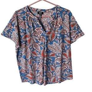 JONES NEW YORK WOMENS V-NECK LEAF DESIGN SHORT SLEEVE BLOUSE SIZE XL